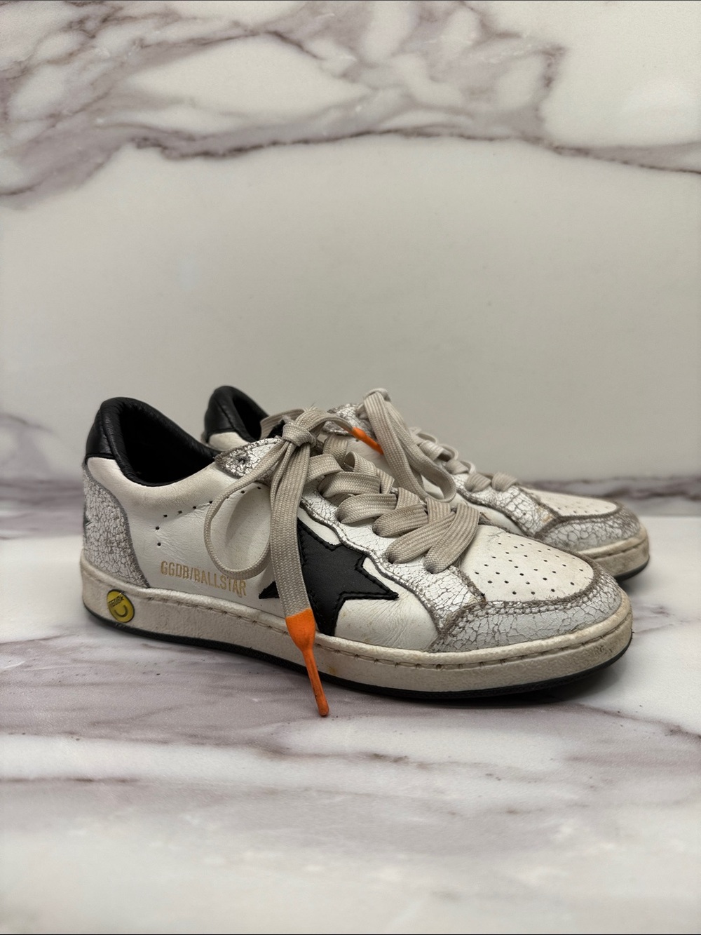 Golden Goose White Leather Low-Top Sneakers with Black Star & Orange Lace Tip